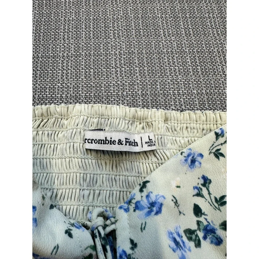 Abercrombie & Fitch Crop Top Large Floral Puff Sleeve Smocked Back Sage Blue